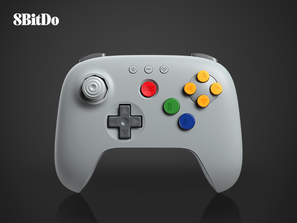 Grauer 8BitDo-Controller mit analogem Stick, Steuerkreuz und bunten Tasten.