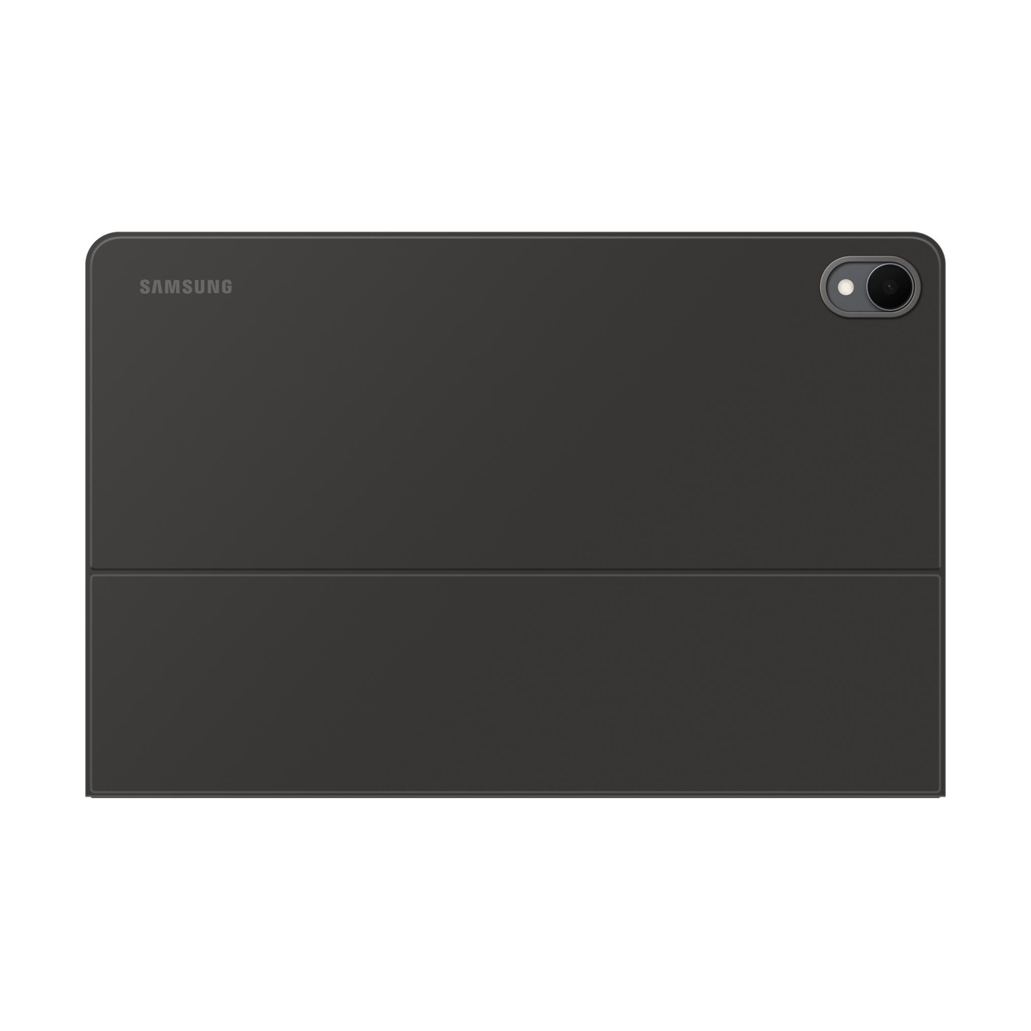 Tablet Samsung grigio scuro con fotocamera e cover piegata, su sfondo bianco.