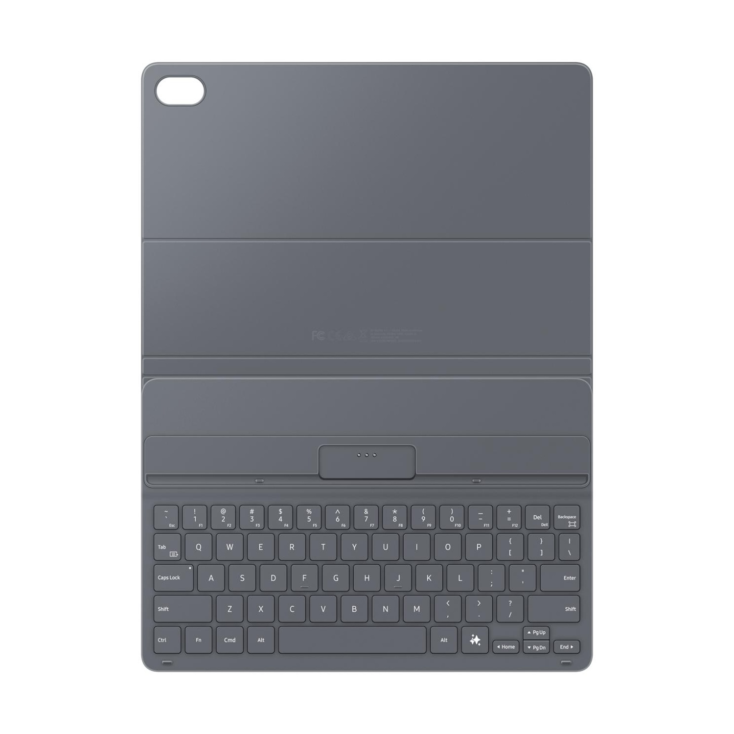 Custodia per tablet grigio scuro con tastiera. La parte superiore ha un ritaglio per fotocamera.