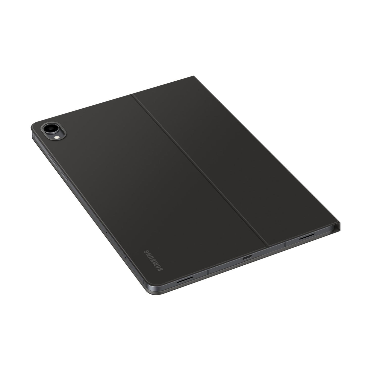Un tablet Samsung nero con cover rimovibile, isolato su sfondo bianco.