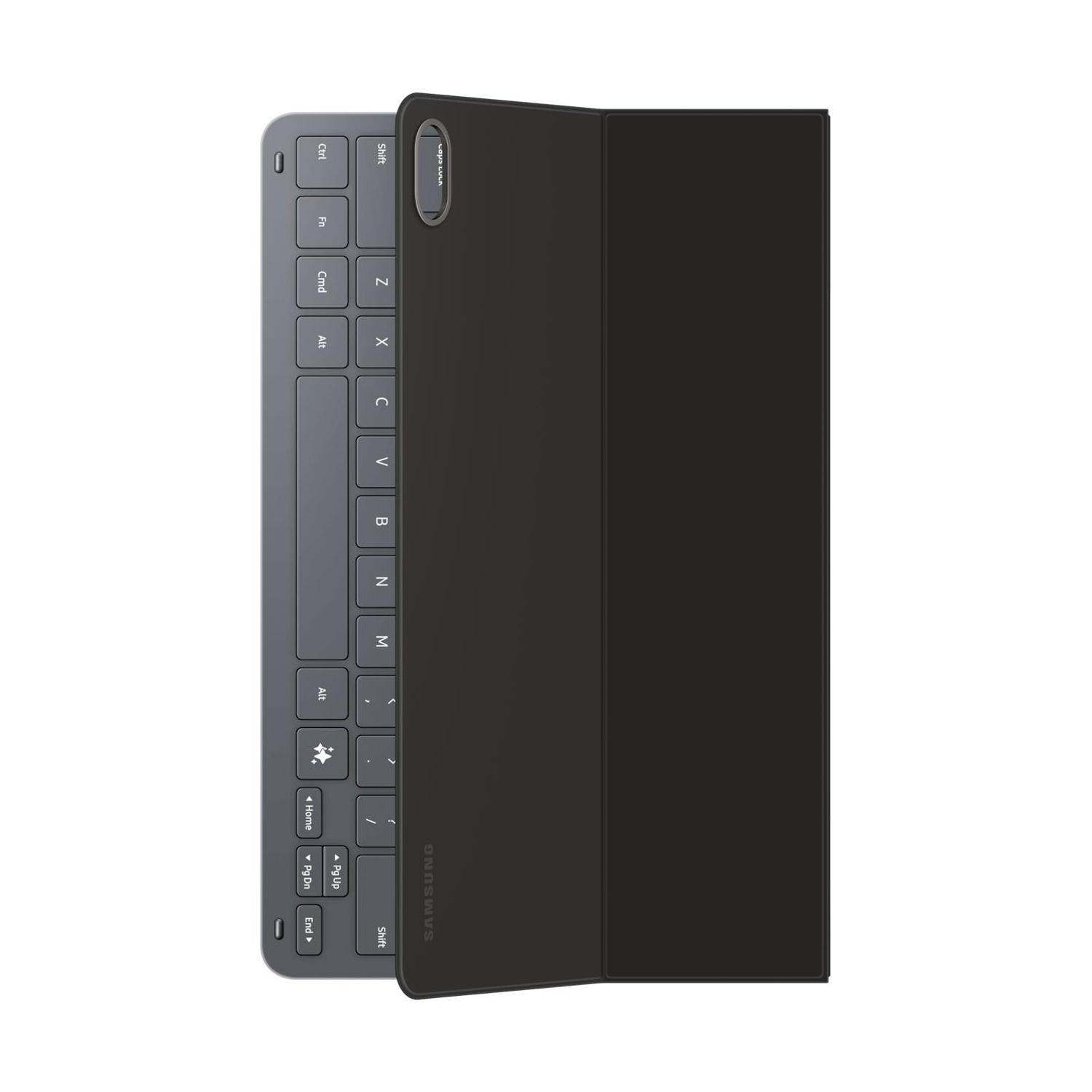 Tastiera tablet grigia con copertina nera e logo Samsung.