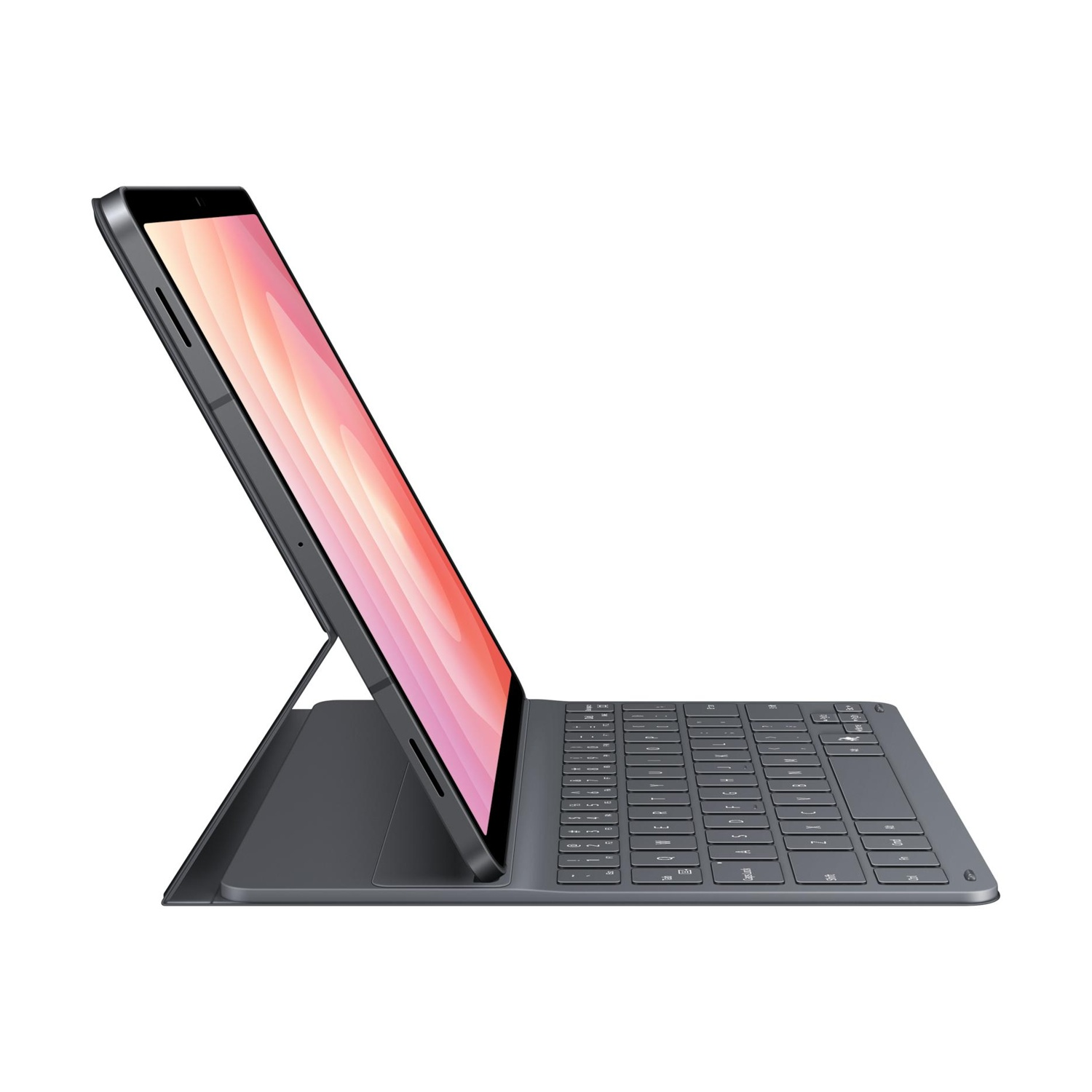 Un tablet grigio con tastiera e supporto in vista laterale su sfondo bianco.