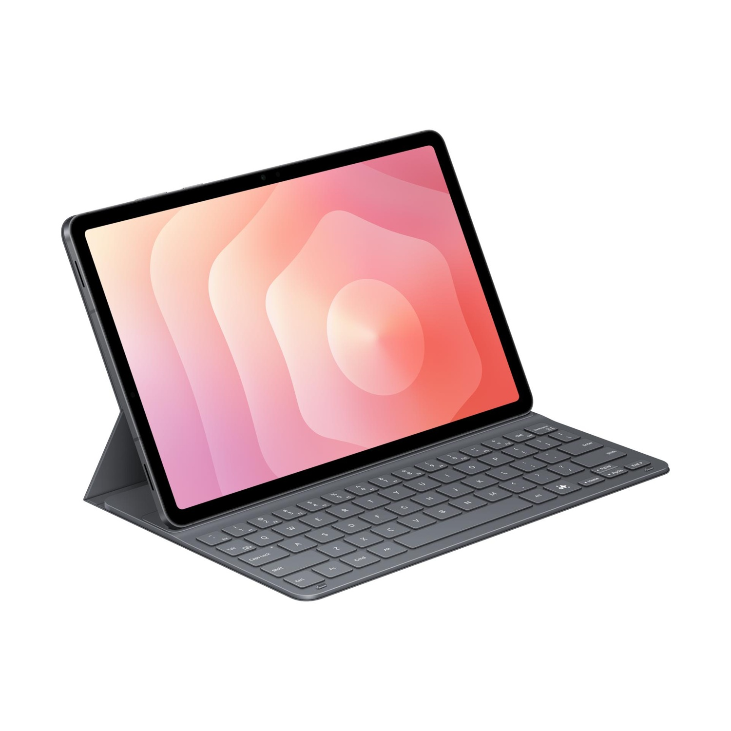 Un tablet grigio con supporto tastiera agganciato, isolato su sfondo bianco.