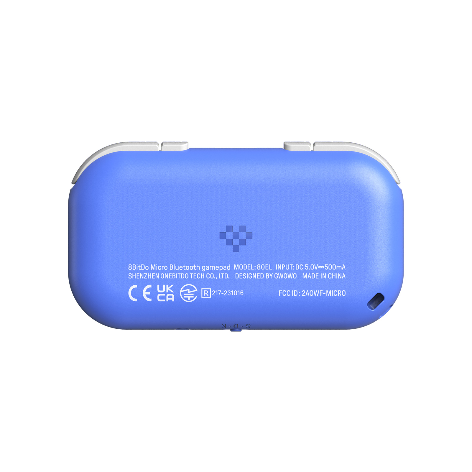 Blauer 8BitDo Micro Gamepad mit weißen Akzenten und Beschriftung.