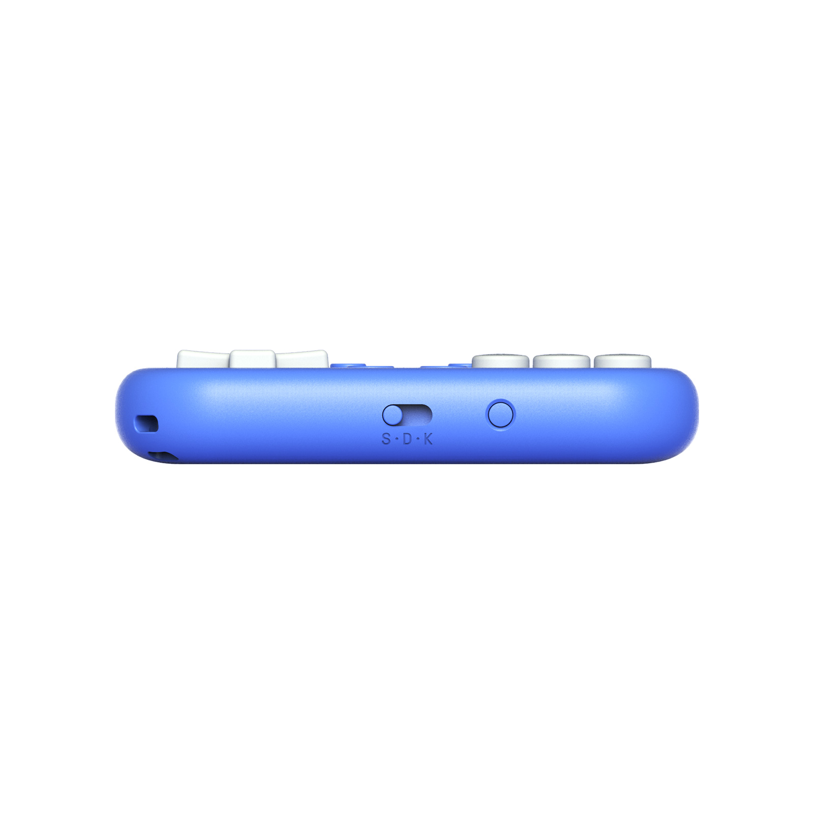 Blauer Handheld-Controller mit weißen Tasten und einem Schieberegler.