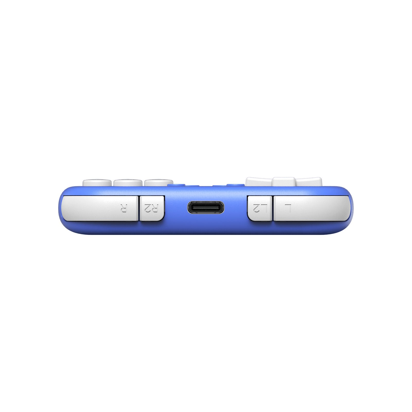 Ein blauer Handheld-Controller mit weißen Tasten und einem USB-C-Anschluss.