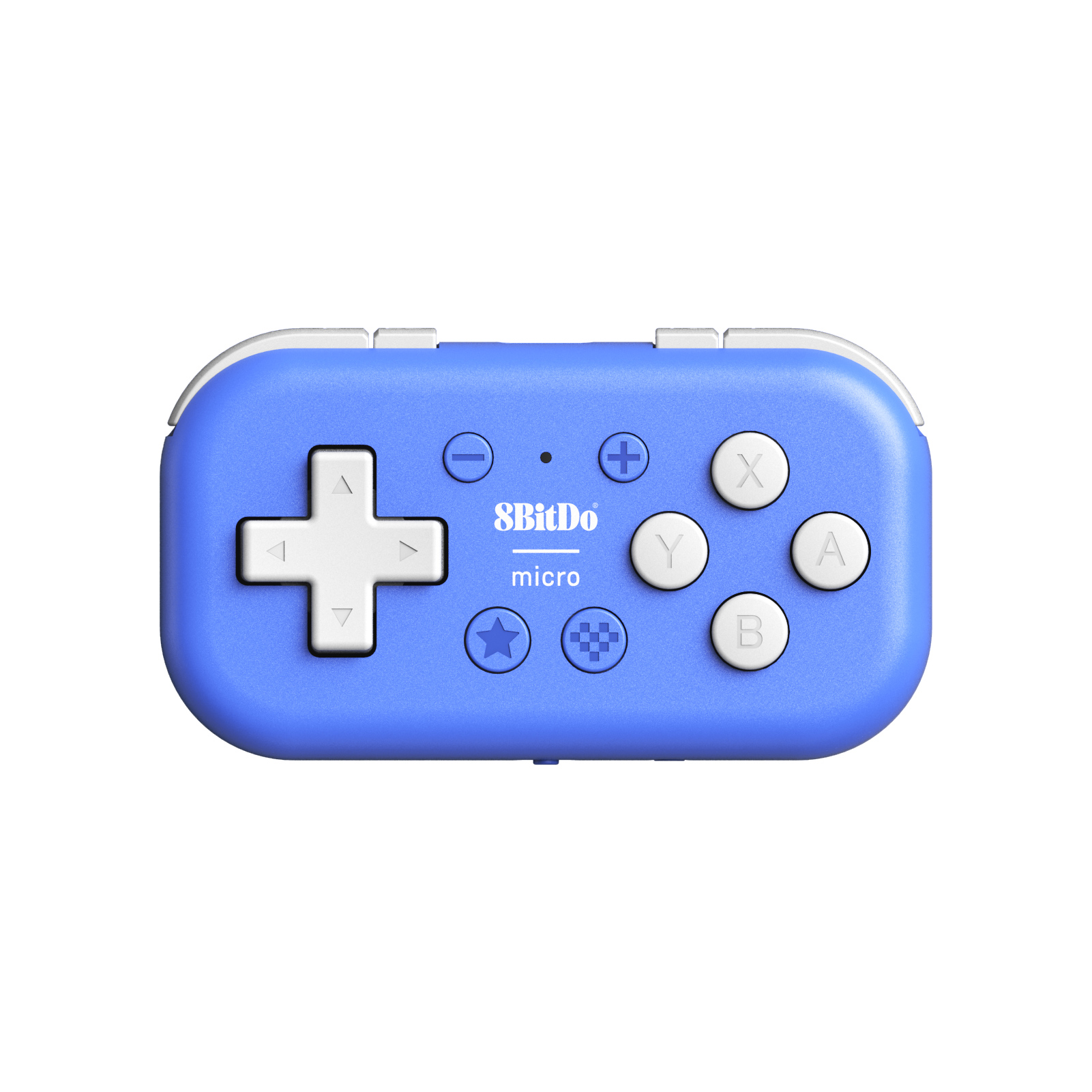 Blauer 8BitDo Micro Controller mit weißem Steuerkreuz und Knöpfen.