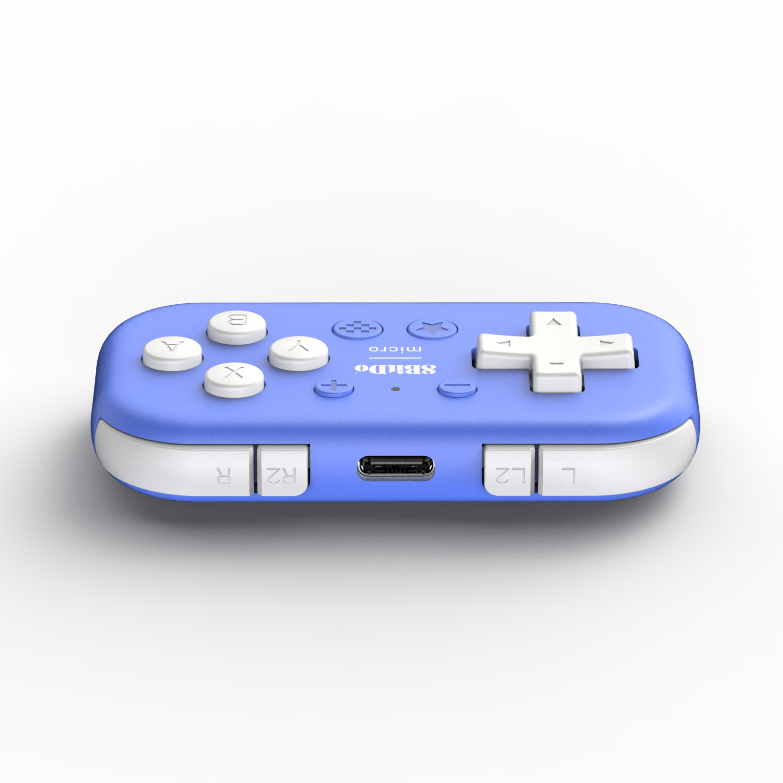 Ein lila Gamecontroller mit weißen Knöpfen und einem USB-C-Anschluss.
