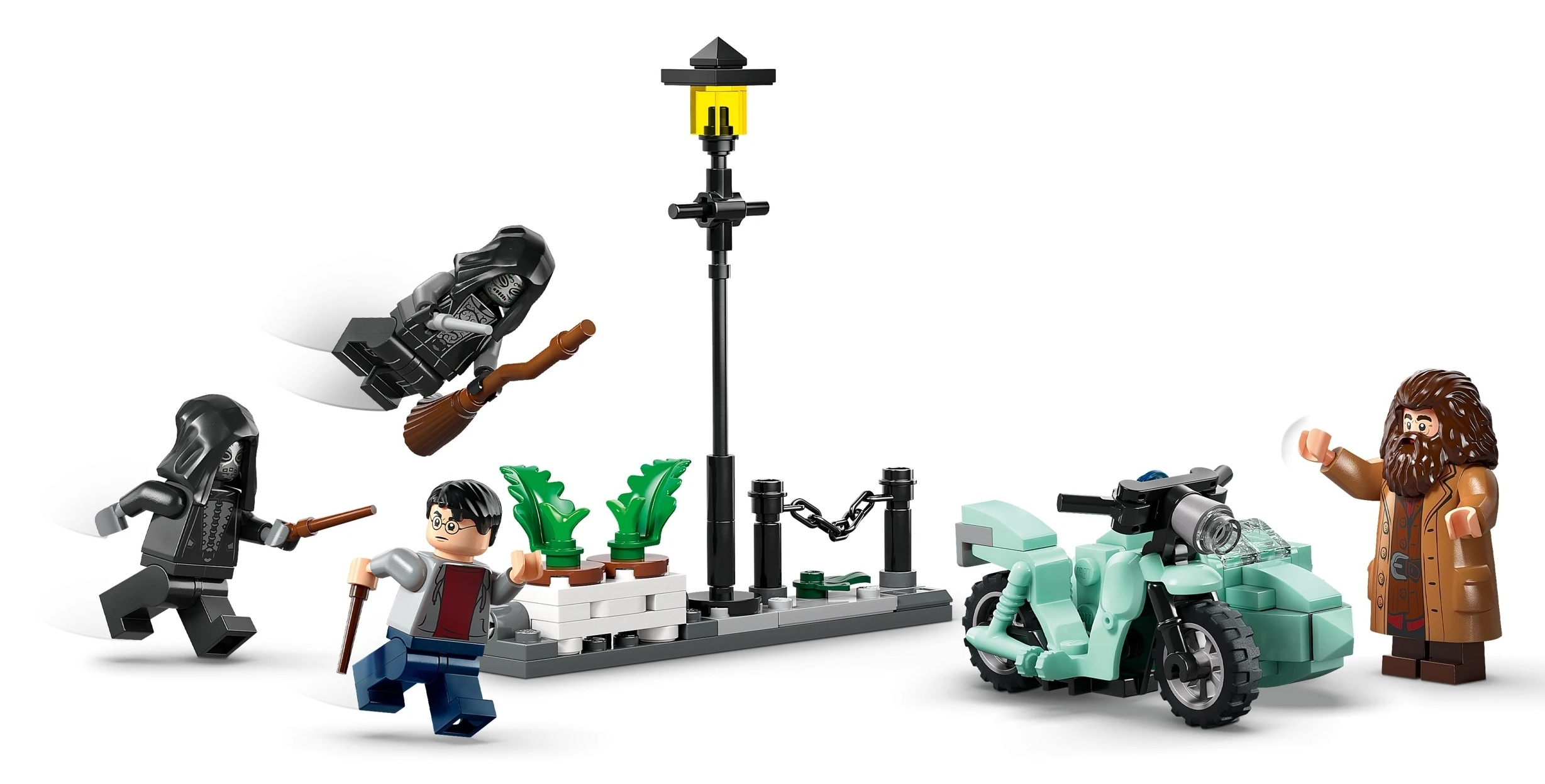 Figurki Lego Harry, Hagrid i Dementorzy z motocyklem i latarnią.