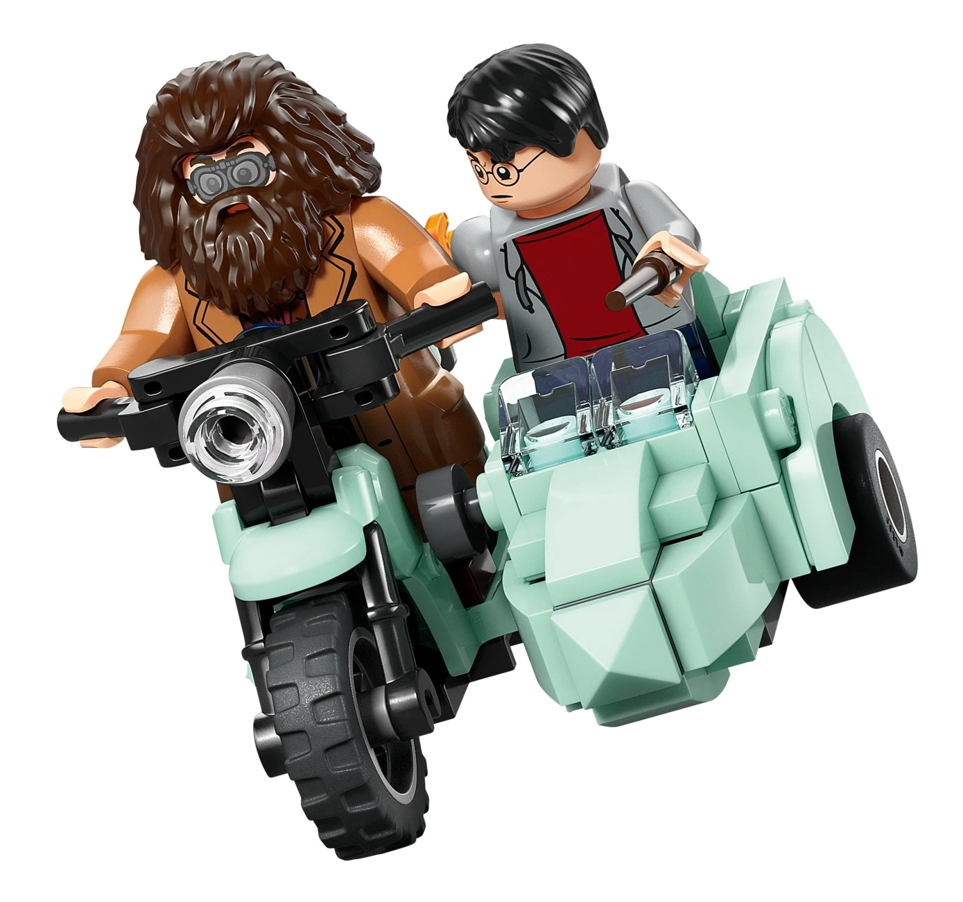 Hagrid i Harry na motocyklu z przyczepką, figurki Lego.
