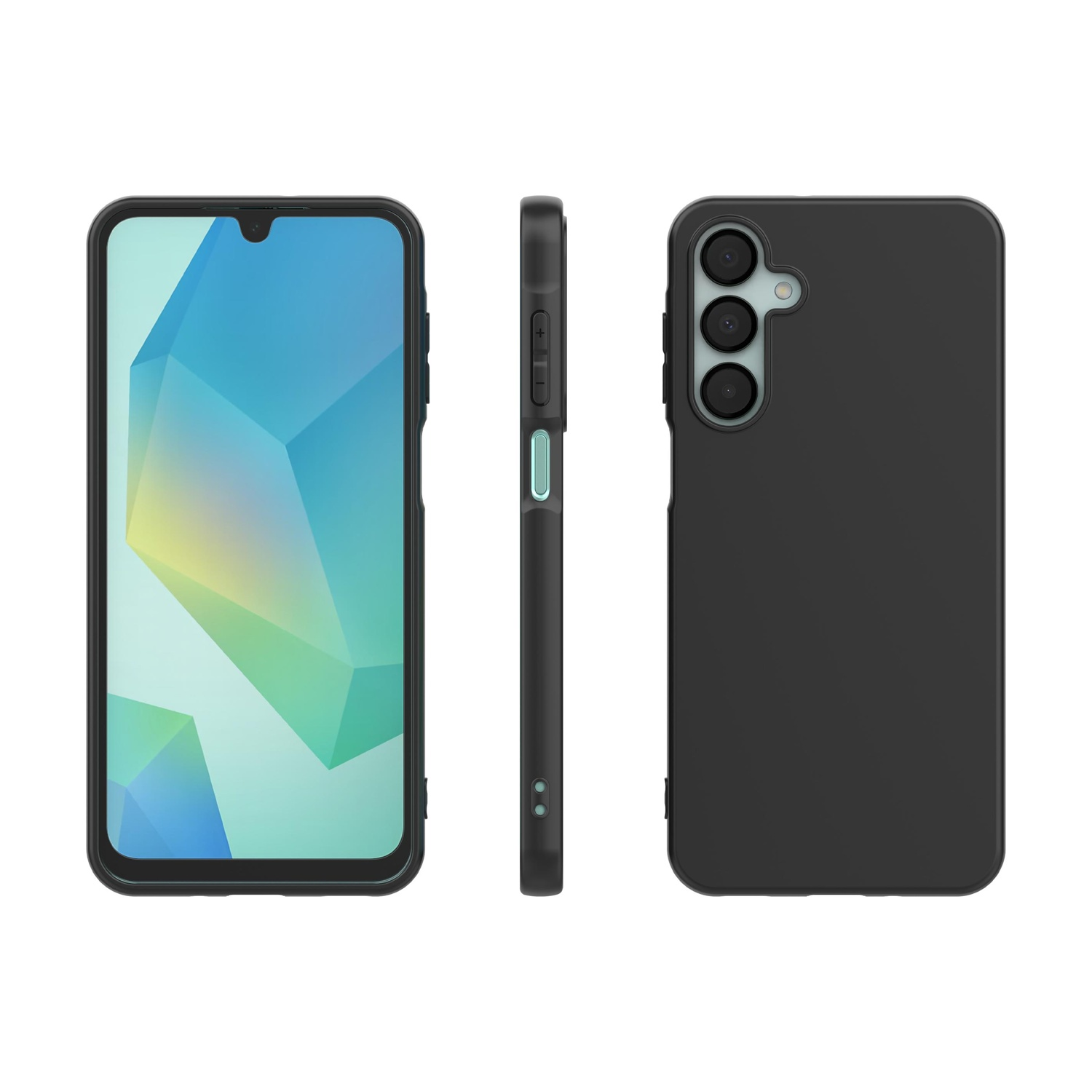 Un telefono nero mostrato di fronte, di lato e di retro, con schermo colorato.