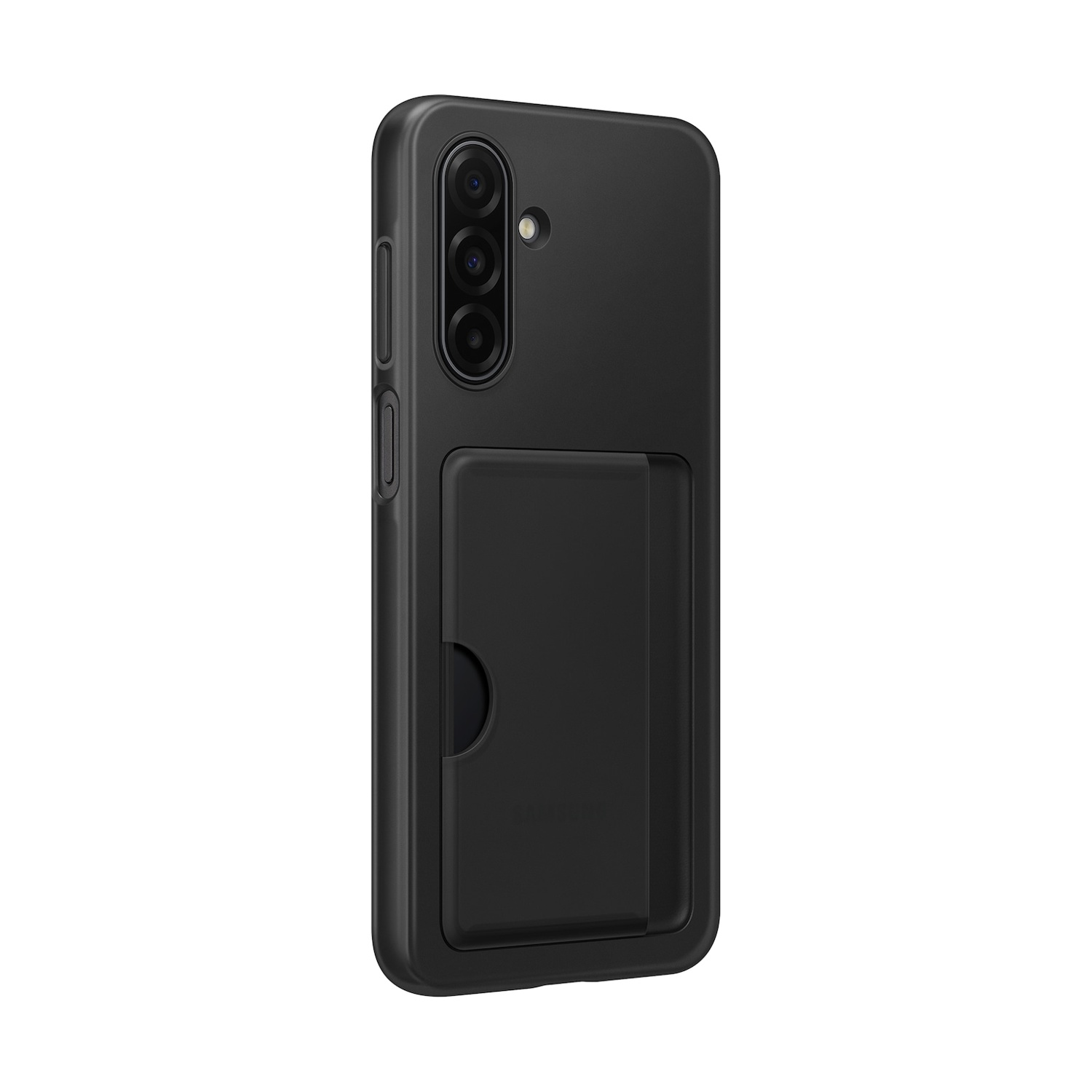 Custodia nera per telefono con slot per carte e modulo fotocamera.