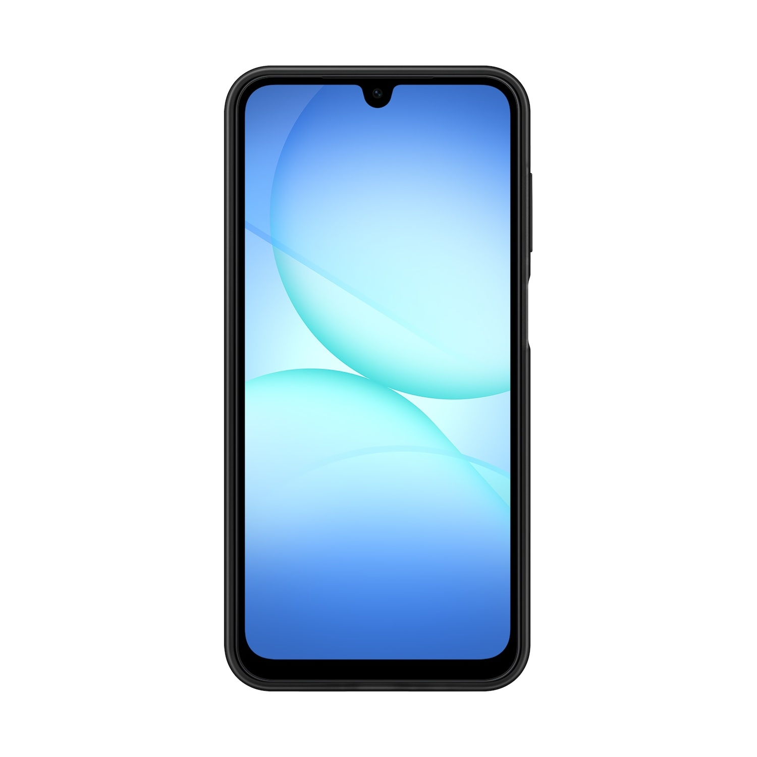 Uno smartphone nero con uno sfondo blu e due cerchi azzurri.