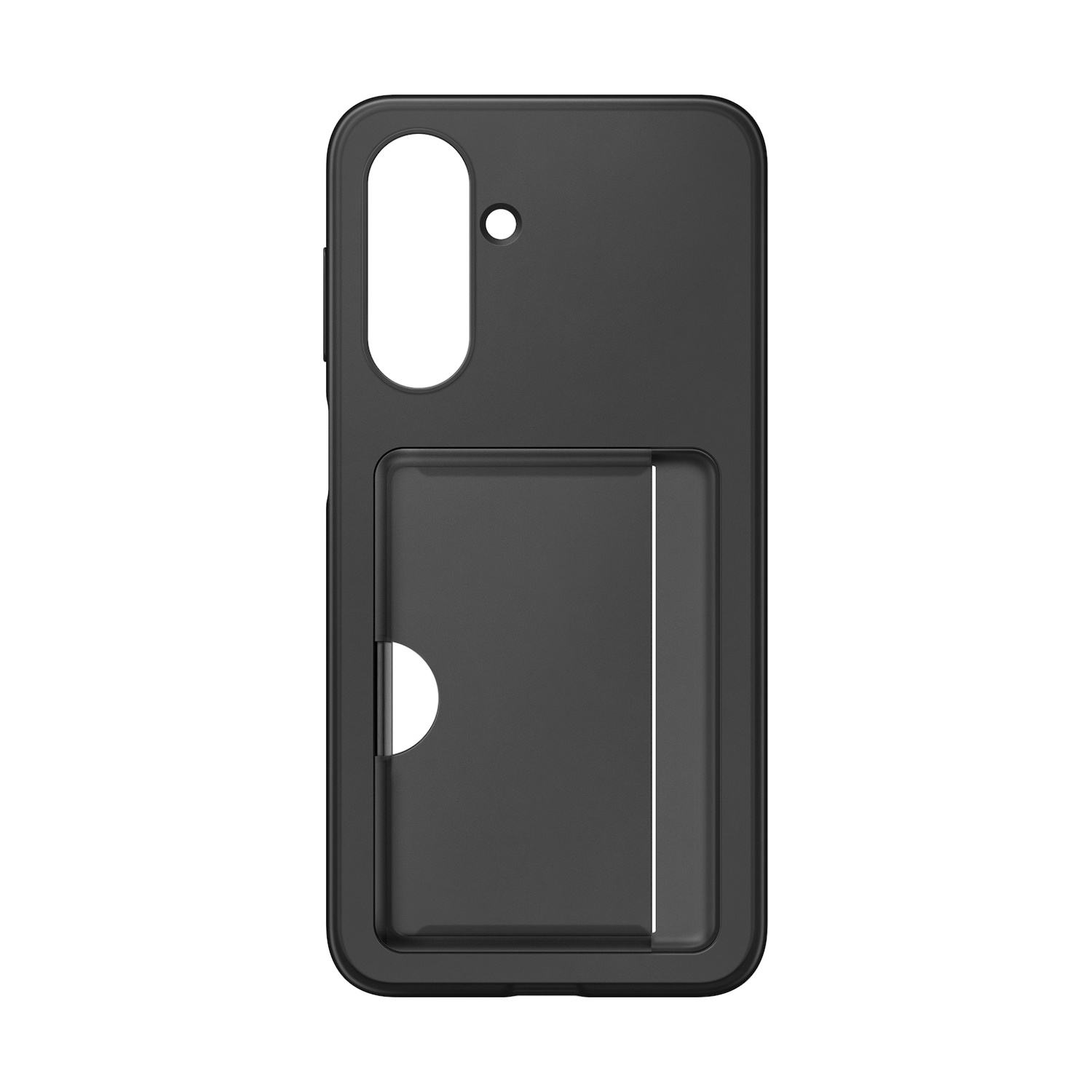 Custodia nera per telefono con ritaglio fotocamera e fessura.