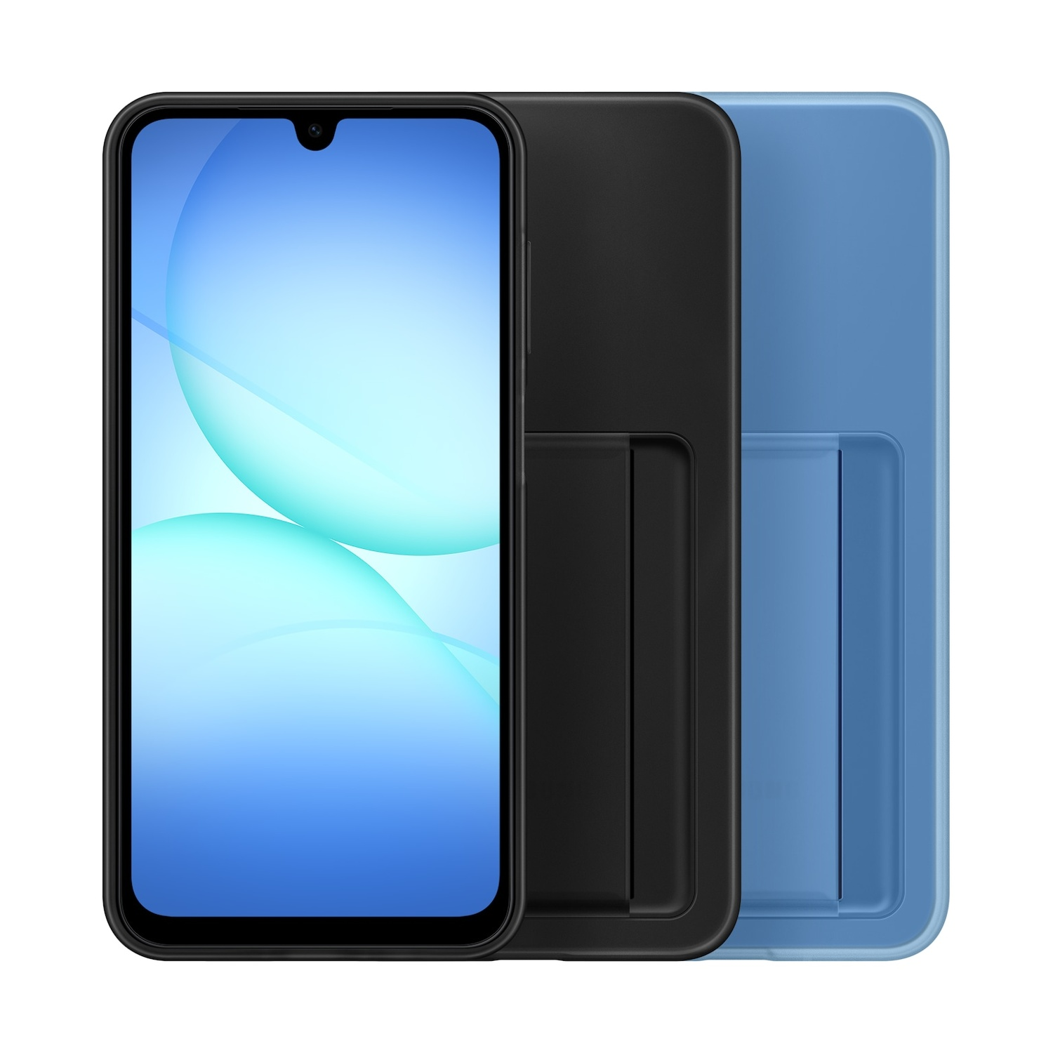 Uno smartphone nero con sfondo blu accanto a una custodia blu.