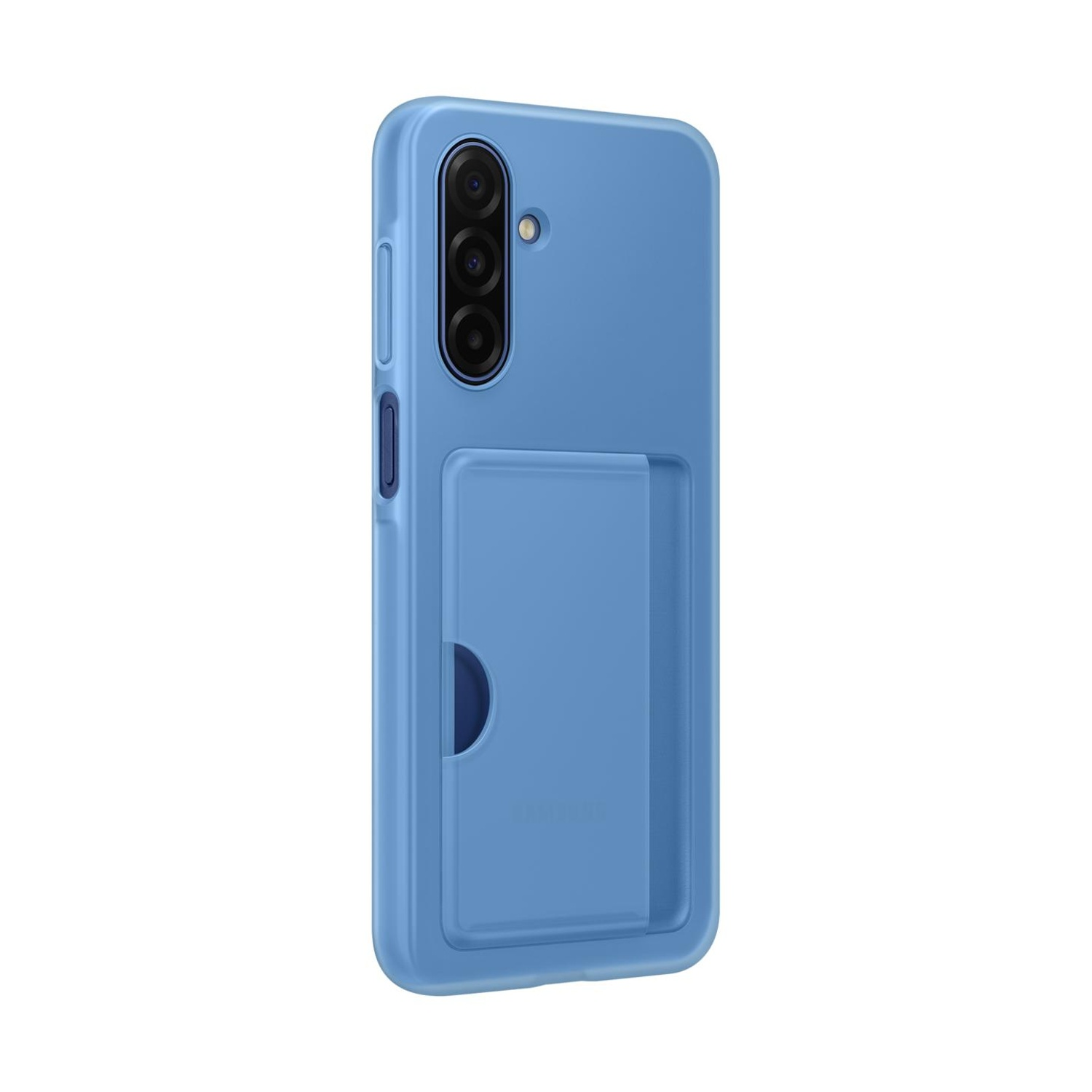 Una custodia per telefono blu con porta carte sul retro.