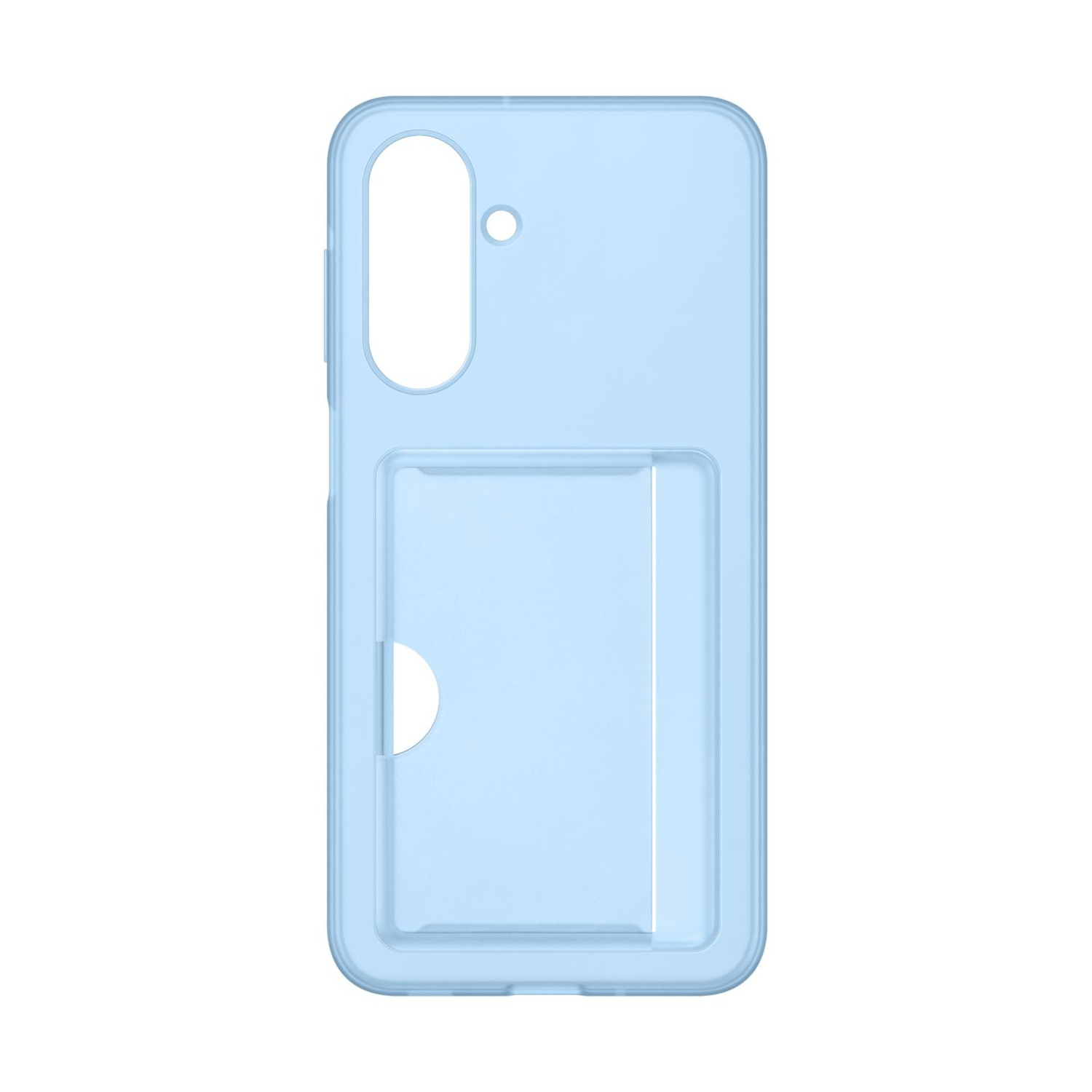 Custodia azzurra per telefono con porta carte e ritaglio fotocamera.