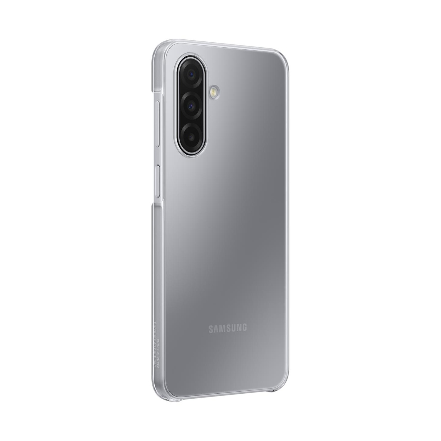 Una cover trasparente per telefono con sistema a tripla fotocamera e logo Samsung.