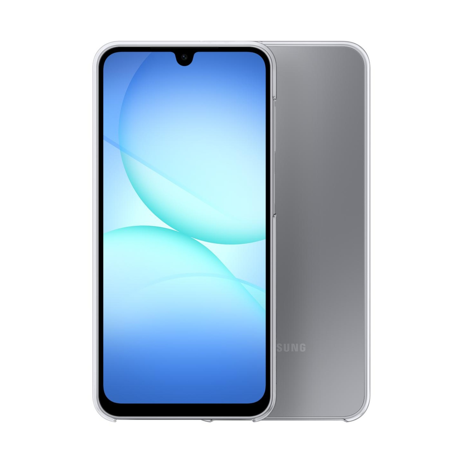 Uno smartphone grigio con custodia trasparente e sfondo blu.
