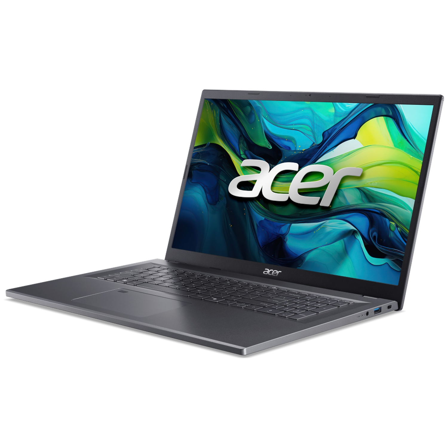 Un ordinateur portable Acer gris avec un fond coloré affiché.