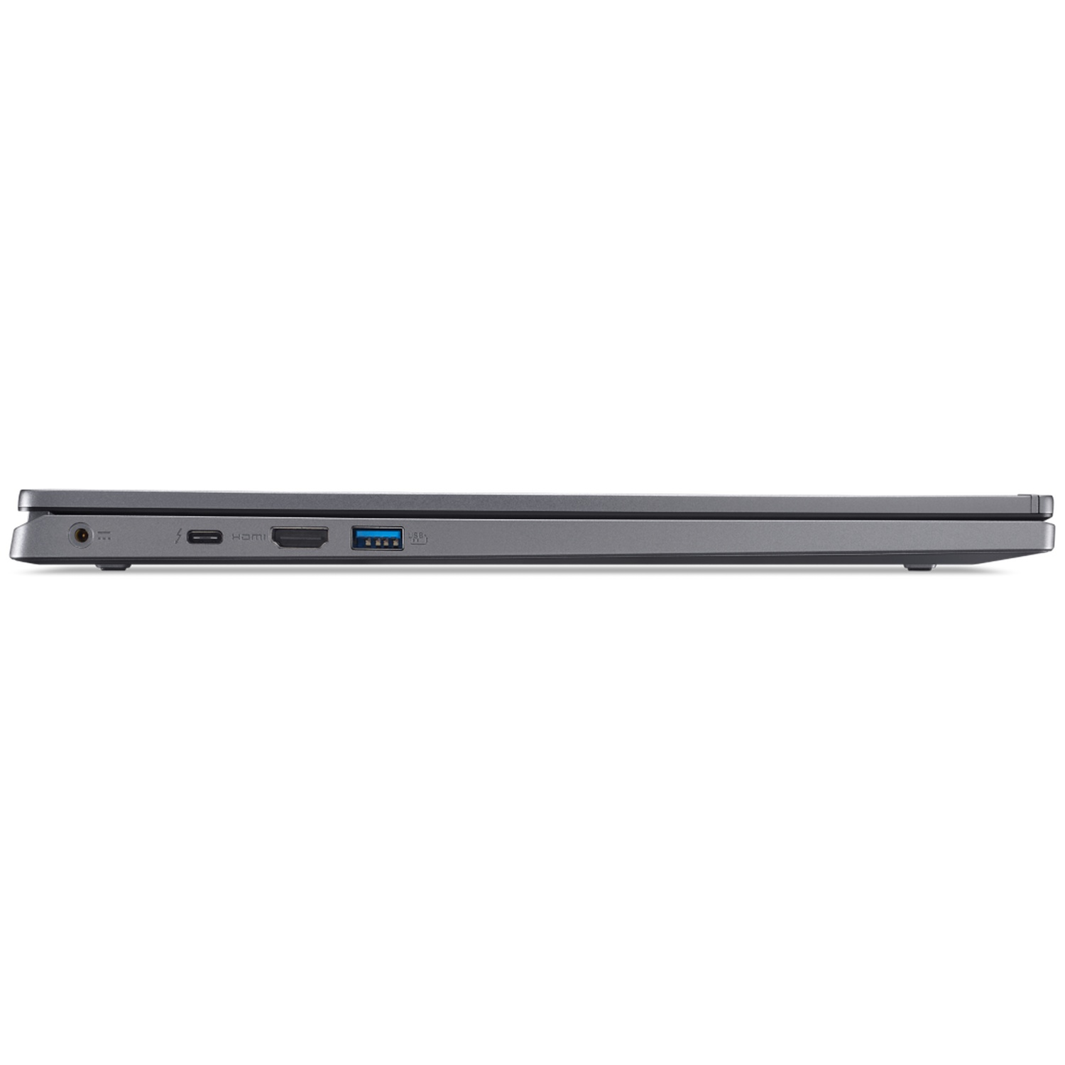 Côté d'un ordinateur portable gris montrant les ports : USB-C, HDMI, USB-A.