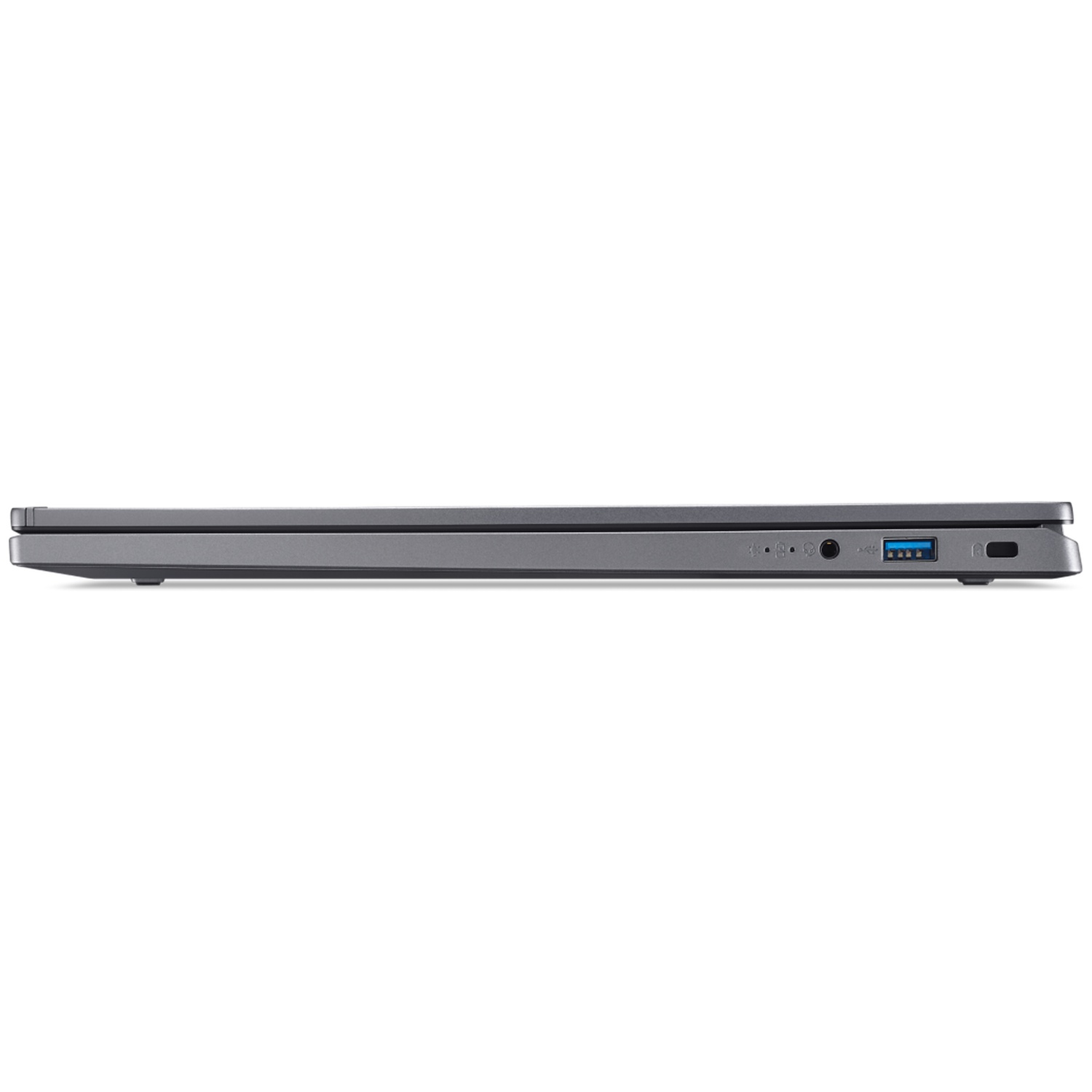 Vue latérale d'un ordinateur portable gris avec ports : USB-A, prise casque, adaptateur.