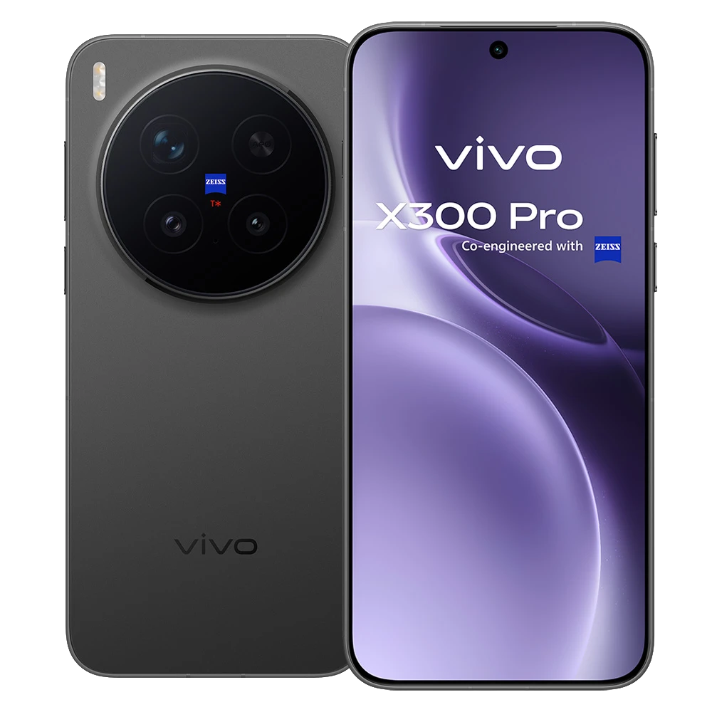 Smartphone gris Vivo X300 Pro con unidad de cámara redonda y logo Zeiss.
