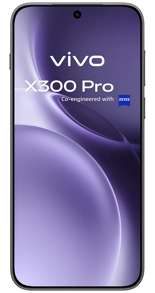 Smartphone Vivo X300 Pro con codiseño Zeiss, fondo morado.