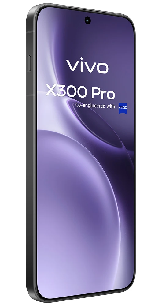 Un smartphone Vivo X300 Pro negro sobre fondo morado.