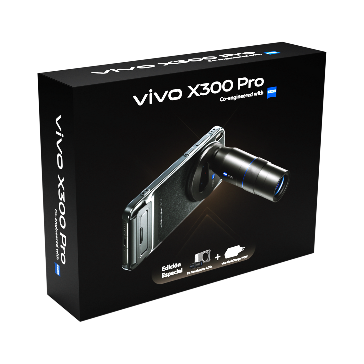 Caja del Vivo X300 Pro con teléfono y accesorio de teleobjetivo.