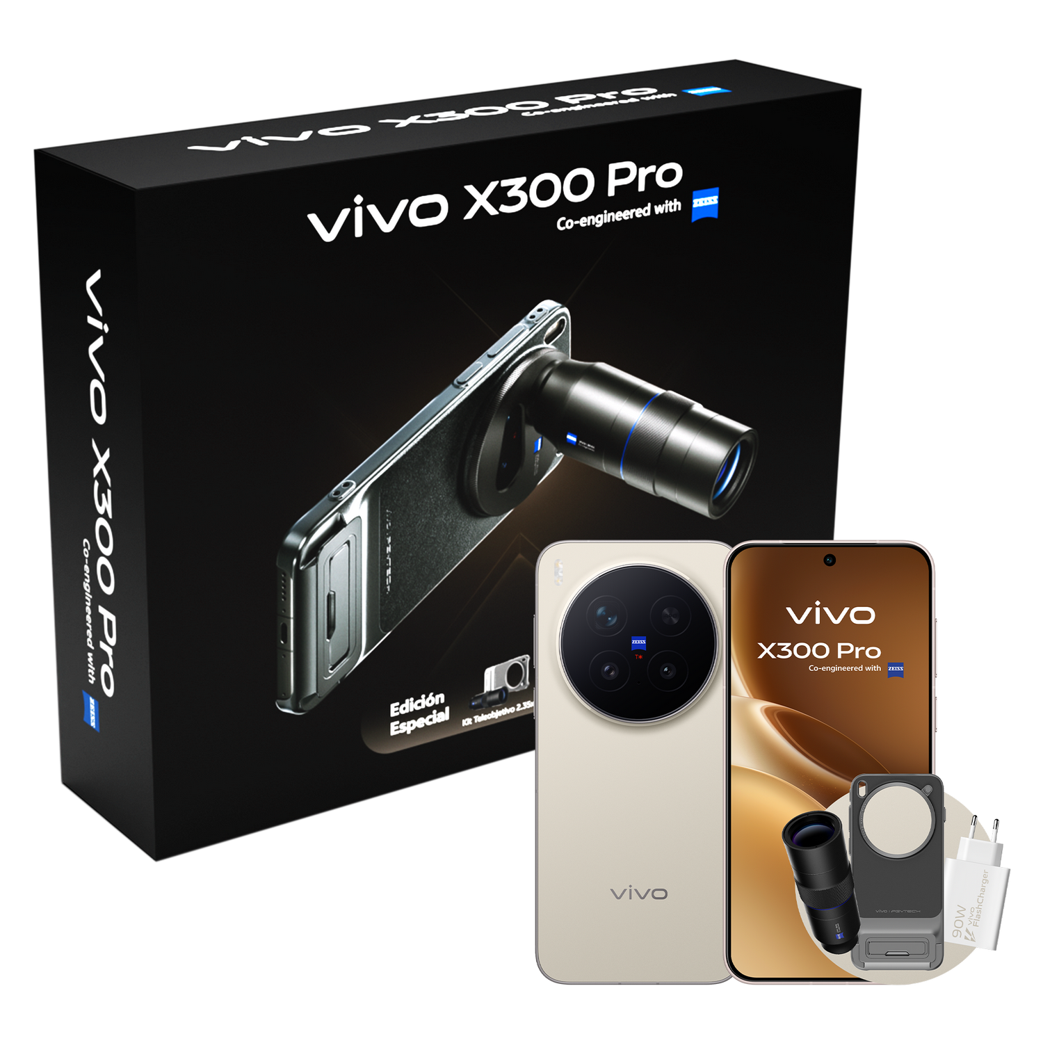 Caja de smartphone Vivo X300 Pro, teléfono, lente y cargador.