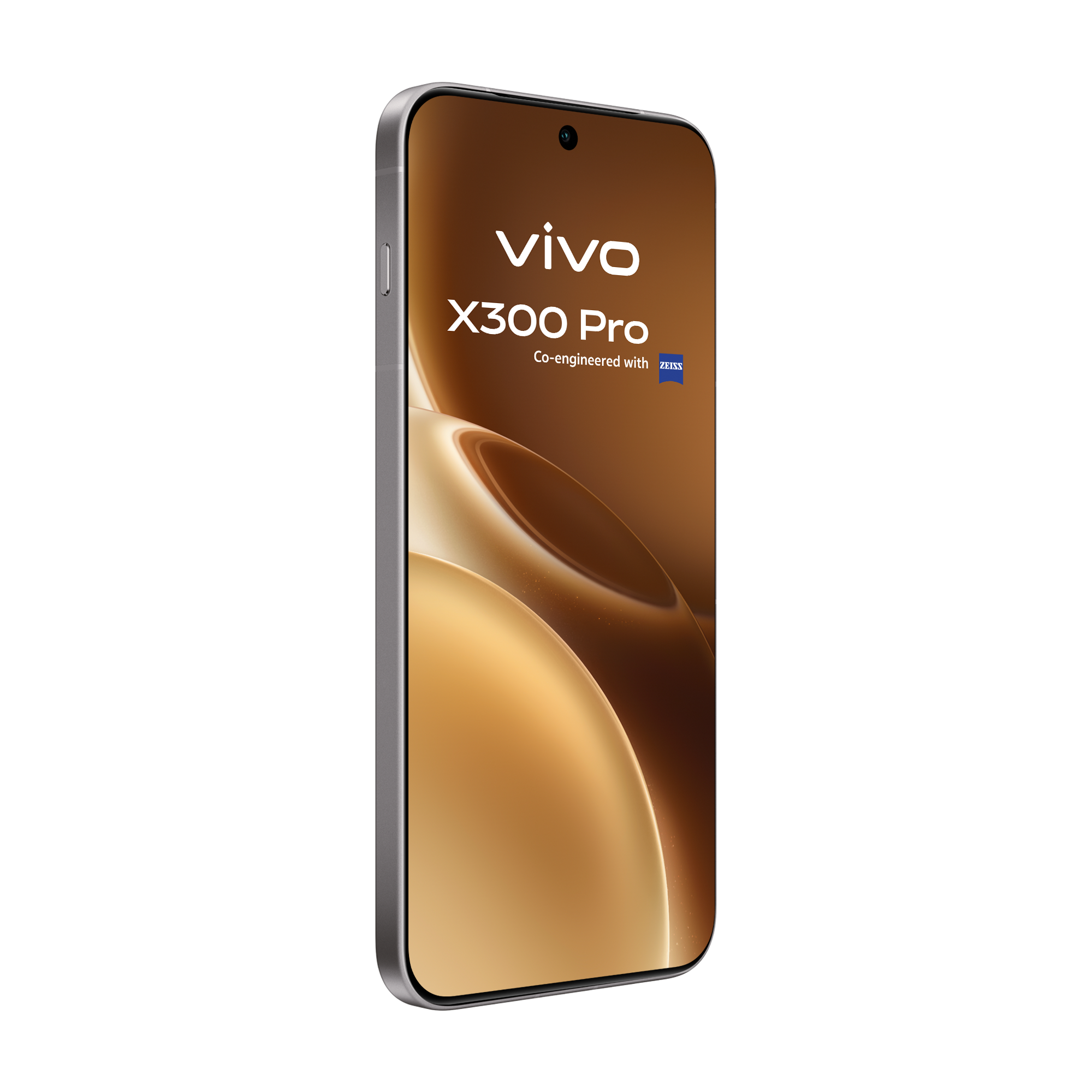 Smartphone Vivo X30 Pro con logo Zeiss sobre fondo marrón.