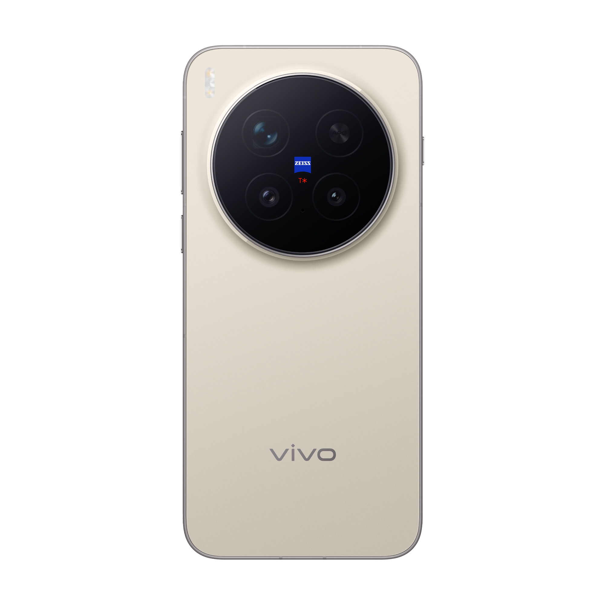 Un smartphone beige claro con un gran módulo de cámara redondo en la parte trasera.
