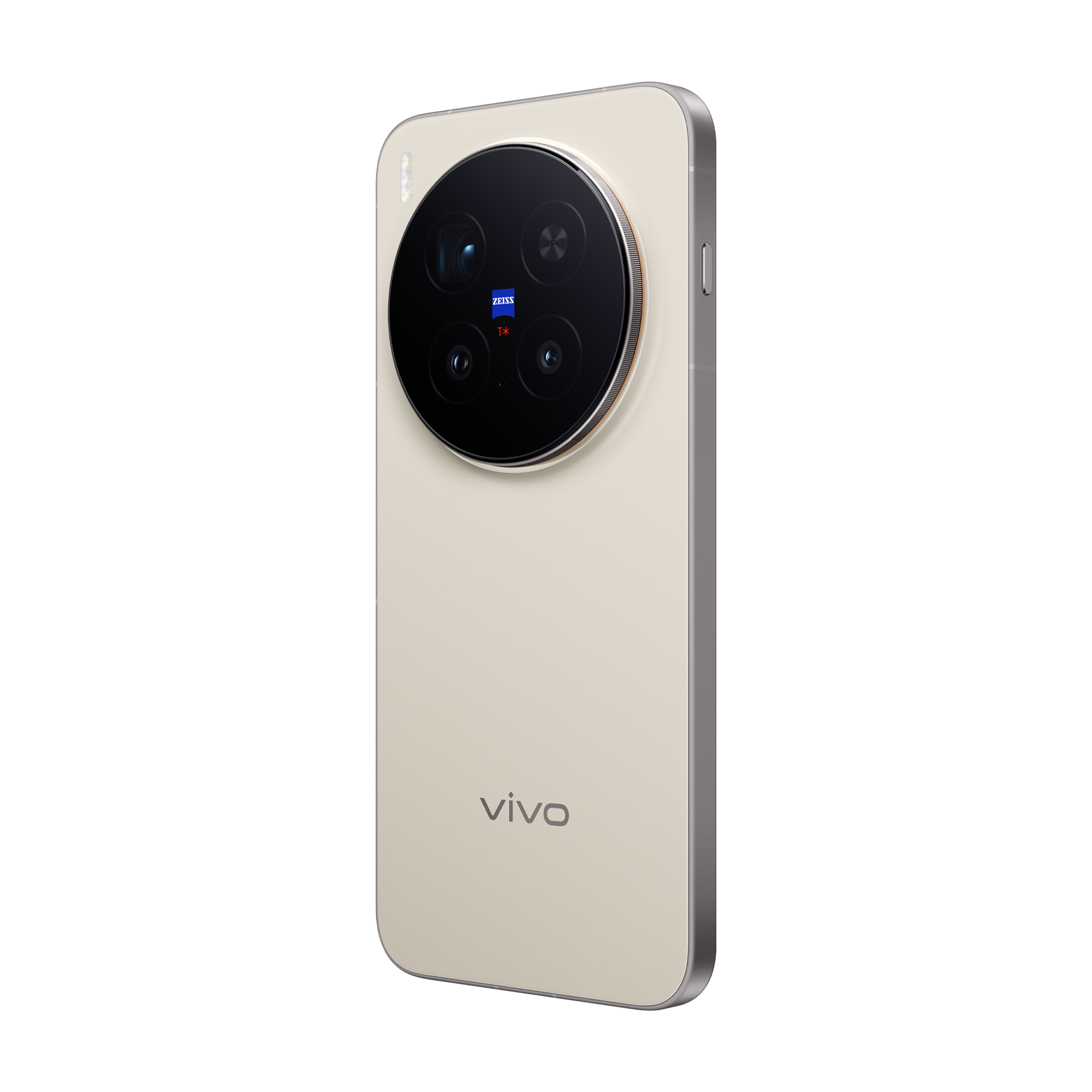 Un smartphone beige claro con una lente de cámara circular grande y el logo Vivo.