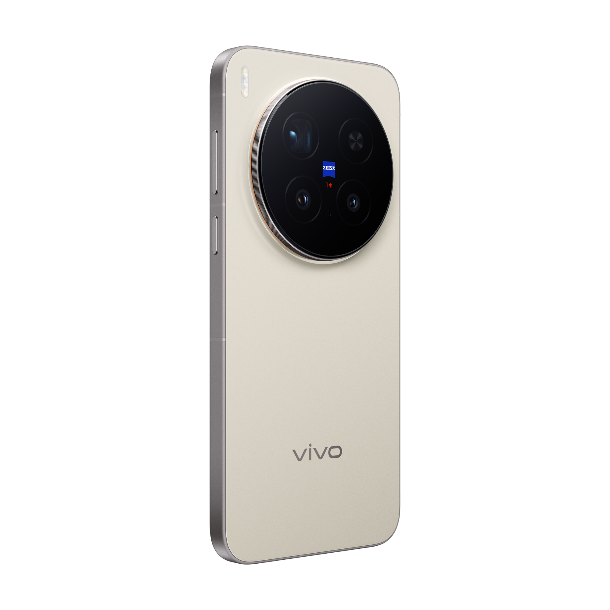 Un smartphone beige claro con un módulo de cámara grande y redondo en la parte trasera.