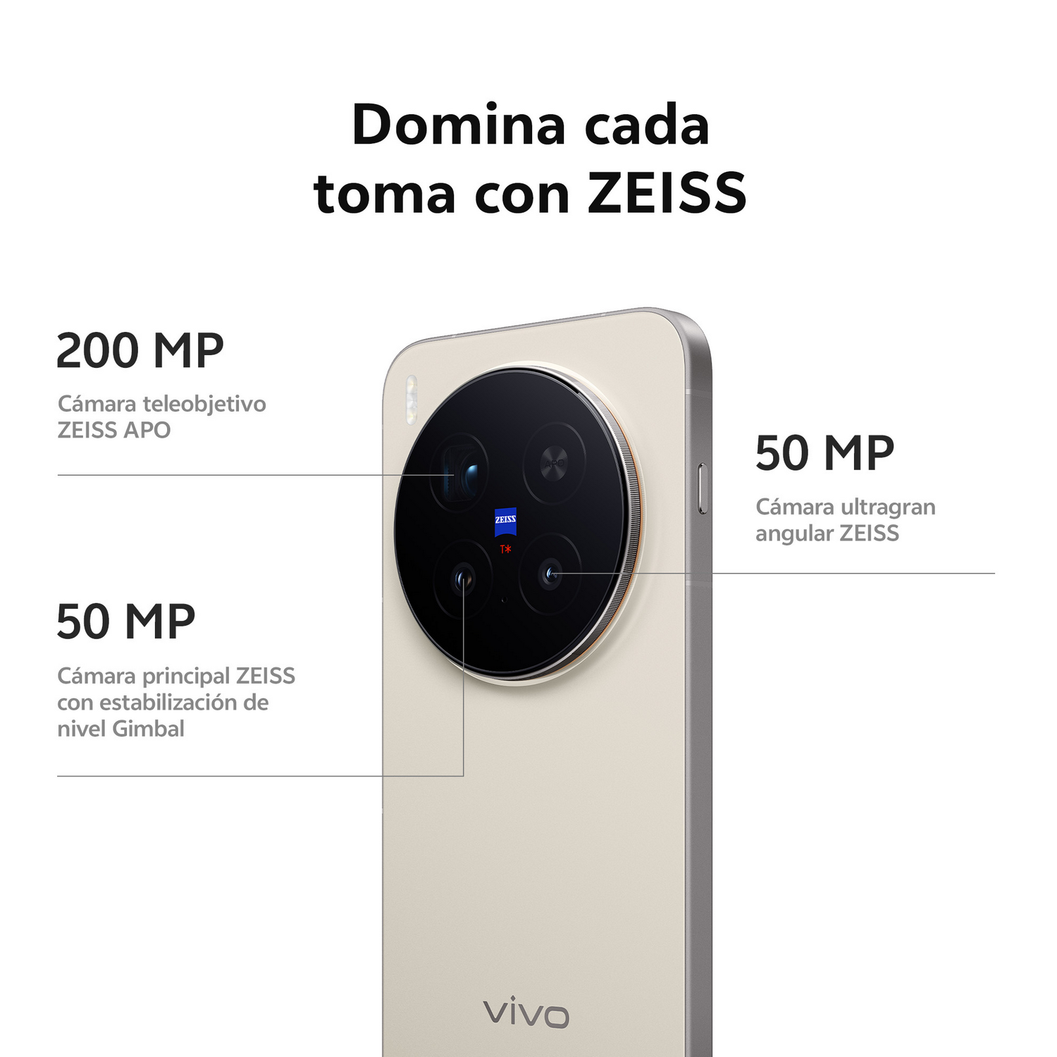 Smartphone con lentes de cámara ZEISS: Tele 200 MP, Principal 50 MP, Ultra gran angular 50 MP.