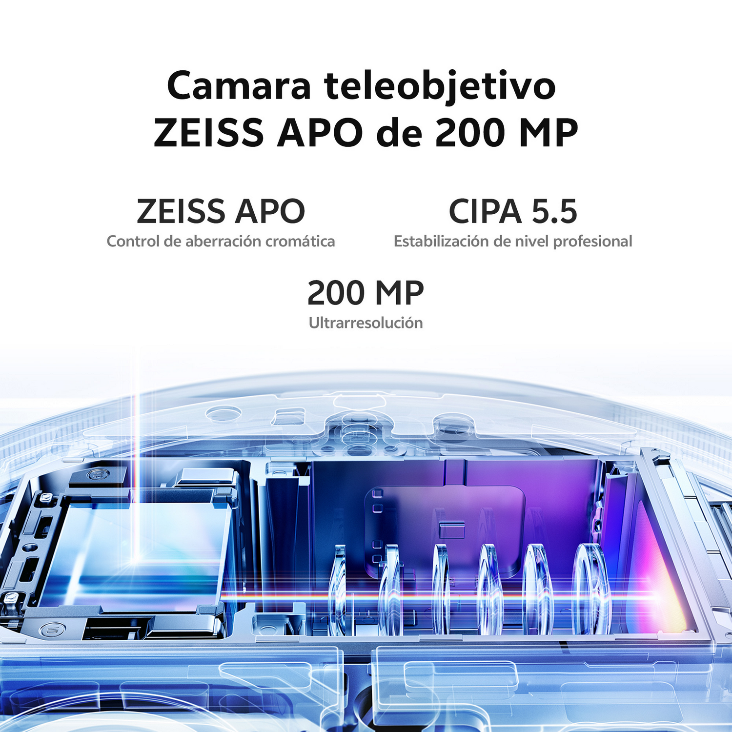 Cámara teleobjetivo Zeiss Apo 200 MP, con lentes y circuitos.