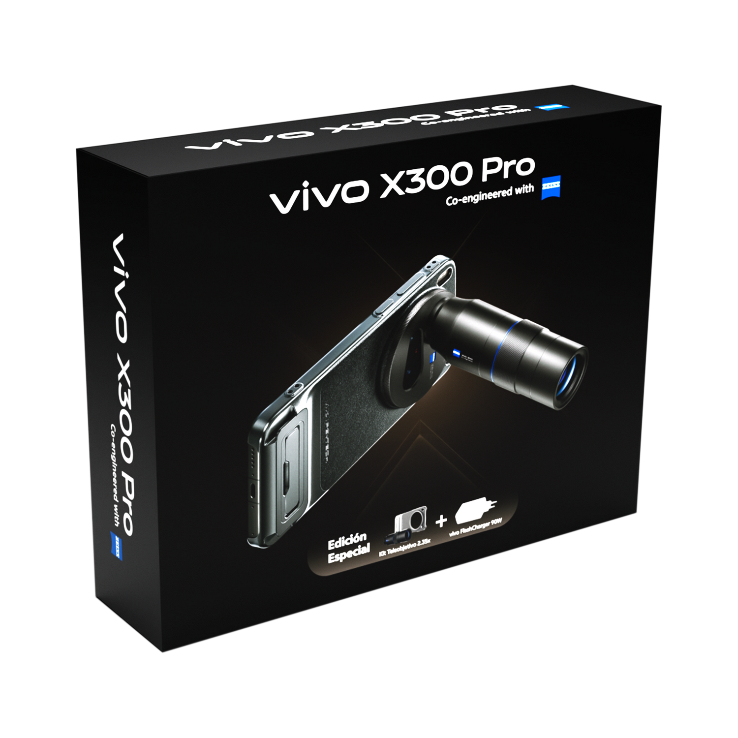 Caja Vivo X300 Pro con smartphone y teleobjetivo.
