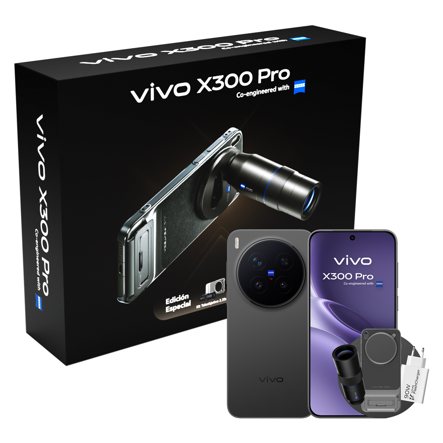 Smartphone Vivo X300 Pro con accesorios de cámara y cargador sobre fondo negro.