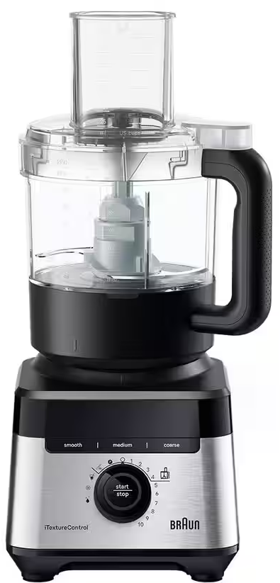 Ein silberner und schwarzer Braun Küchenmixer mit transparenter Schüssel und Bedienelementen.