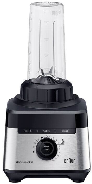 Ein silberner und schwarzer Braun Standmixer mit Glasbehälter und Bedienelementen.