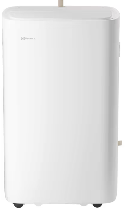 Ein weißer, rechteckiger Luftentfeuchter mit Rädern und dem Electrolux-Logo.