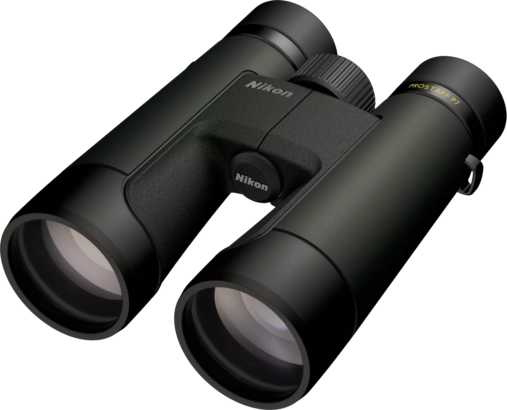 Schwarze Nikon Prostaff P7 Ferngläser mit Fokusrad und Linsen auf schwarzem Hintergrund.