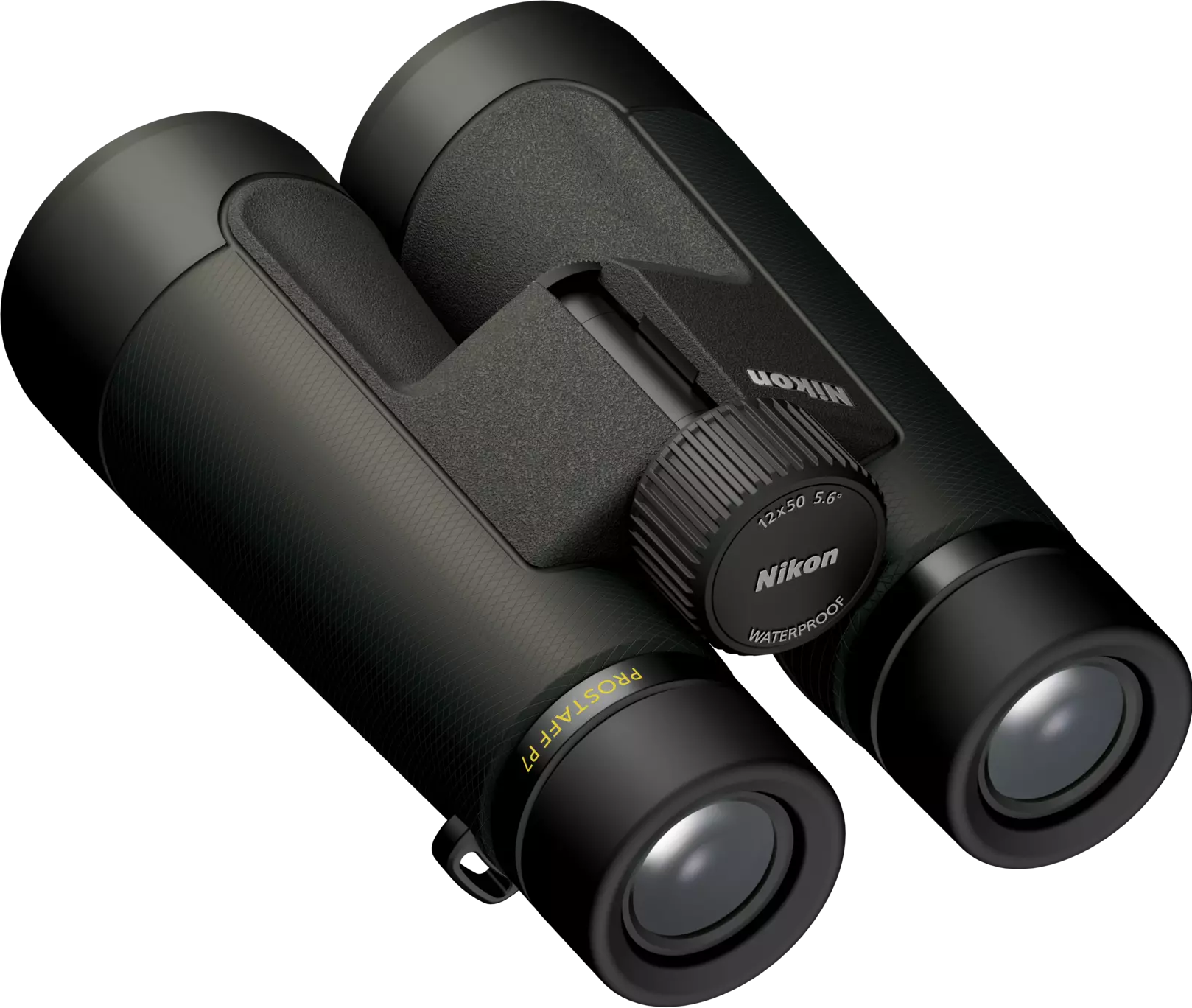 Schwarze Nikon Ferngläser mit 12x50 Vergrößerung, auf schwarzem Hintergrund.