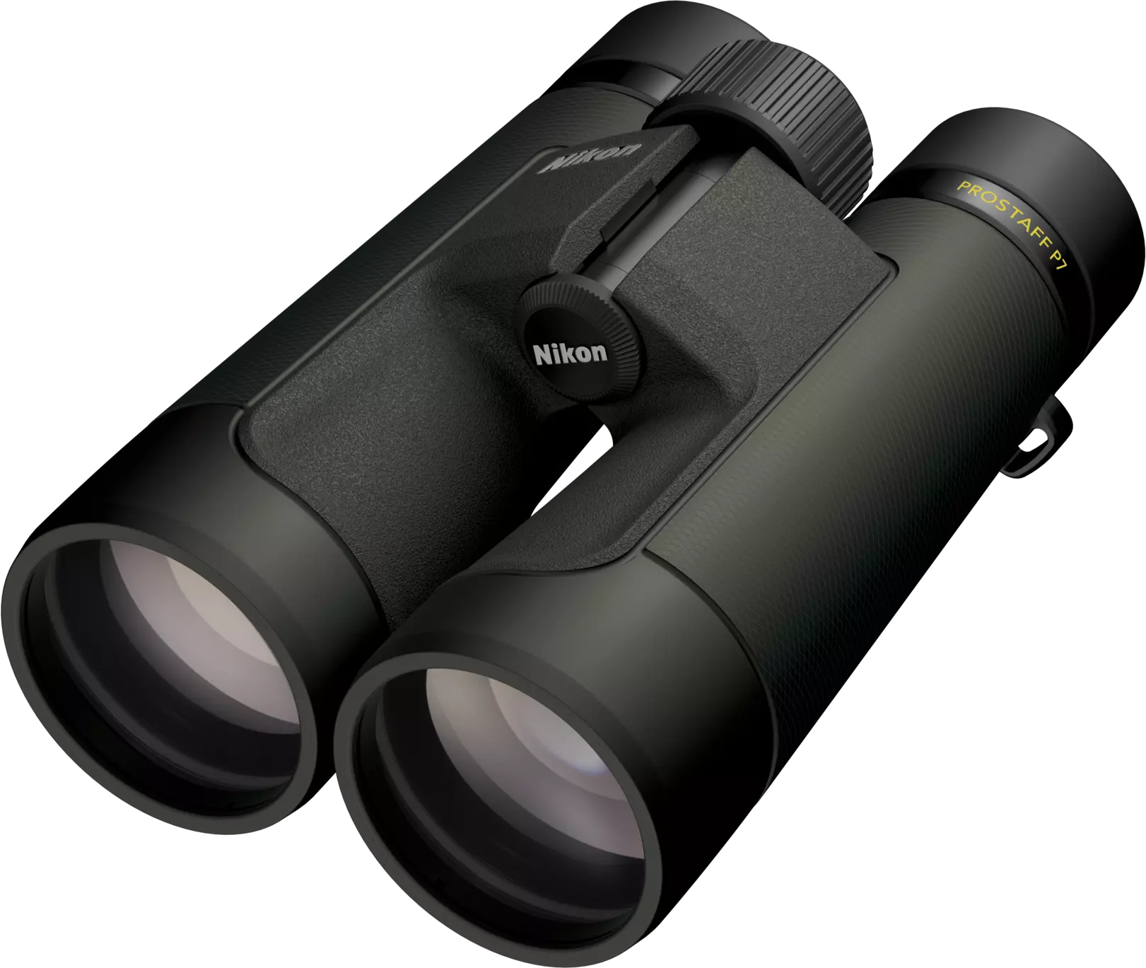 Schwarze Nikon Ferngläser mit Fokusrad und gelbem Schriftzug auf schwarzem Hintergrund.
