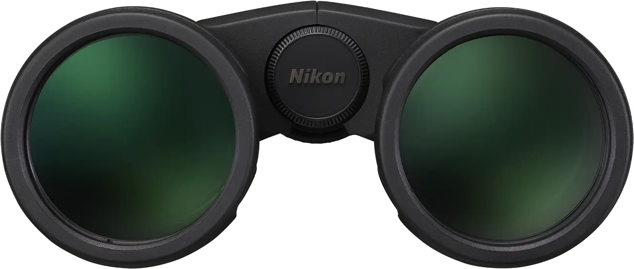 Schwarze Nikon-Fernglaslinsen mit grüner Beschichtung, Vorderansicht.