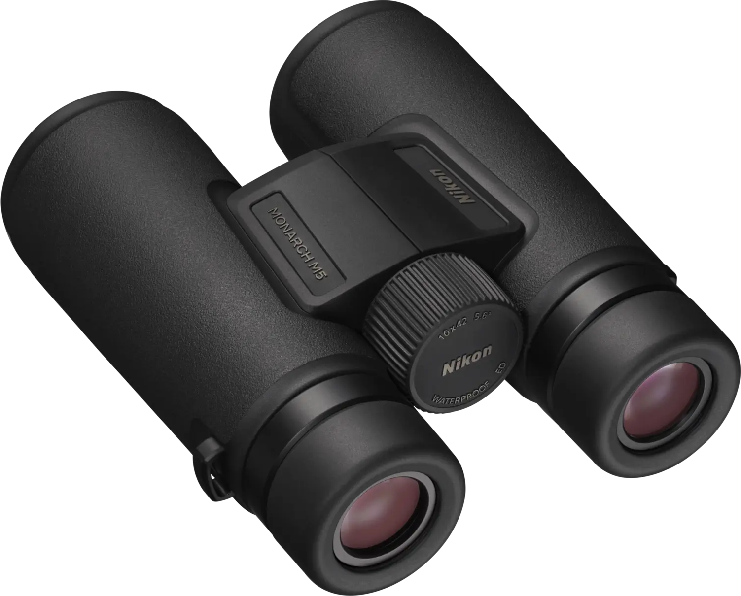 Schwarze Nikon Monarch M5 Ferngläser mit Fokusrad und Beschriftung.