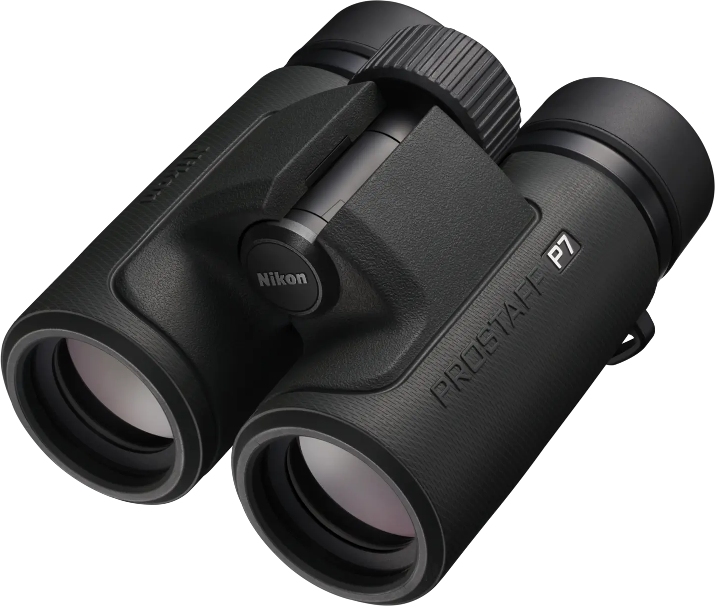 Schwarze Nikon Prostaff P7 Ferngläser mit texturiertem Griff und Fokussierrad.