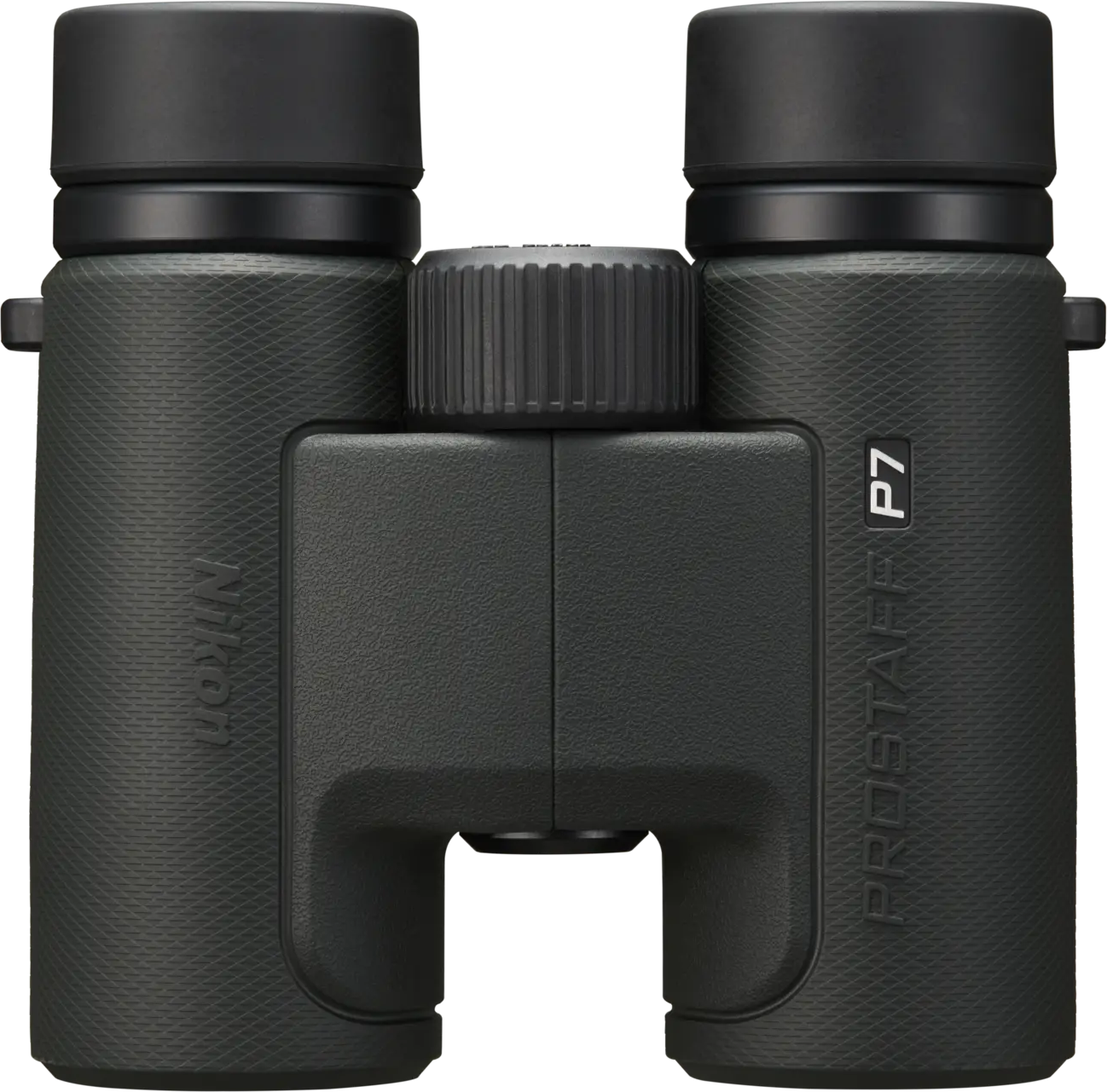 Schwarze Nikon Fernglas mit gerändeltem Fokusrad und texturiertem Griff.