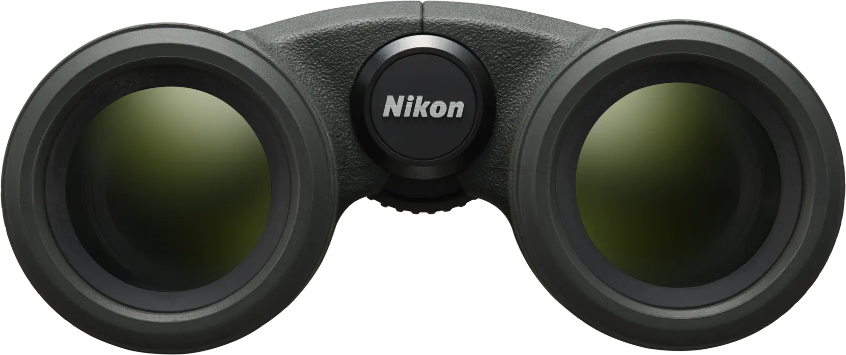 Dunkelgraue Nikon Fernglas mit grünen Linsen auf schwarzem Hintergrund.
